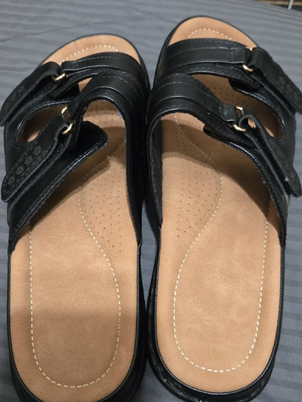 Black Double-Strap Slide Sandals with Cushioned Tan Footbed